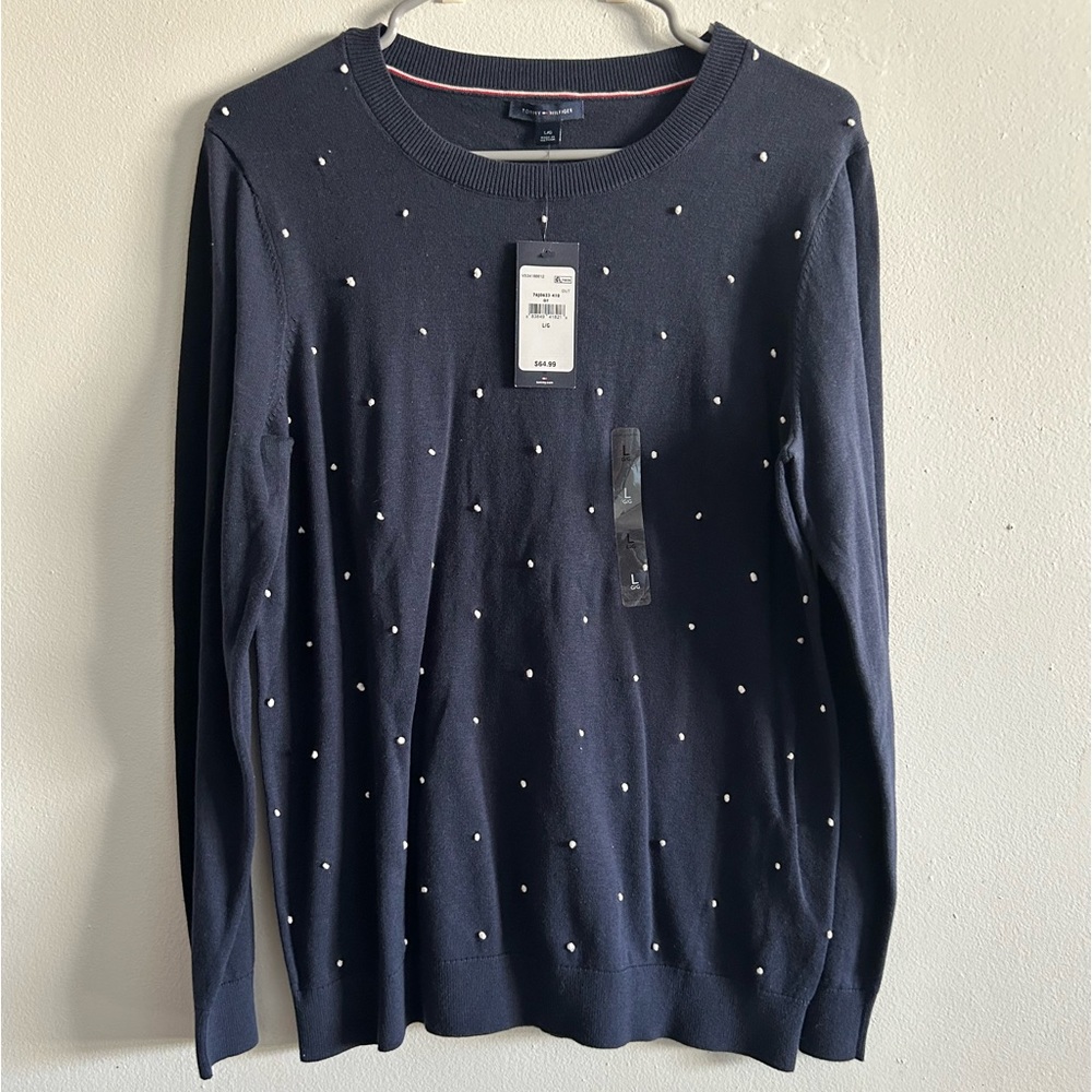 Tommy Hilfiger blue with white dots Sweater. NWT, size Large. Pet/smoke free